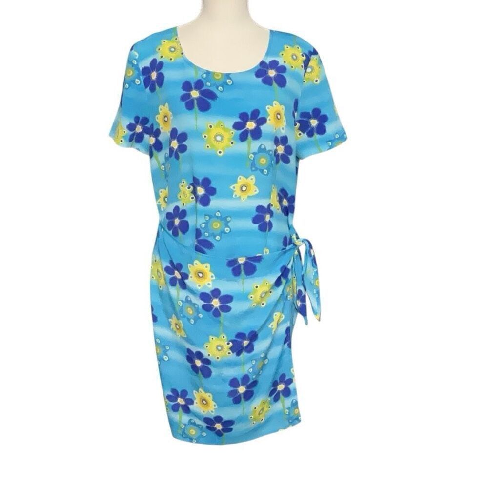 Christy Lyn Vintage Floral Faux Wrap Spring dress Blue Yellow Zip Back Size 9/10